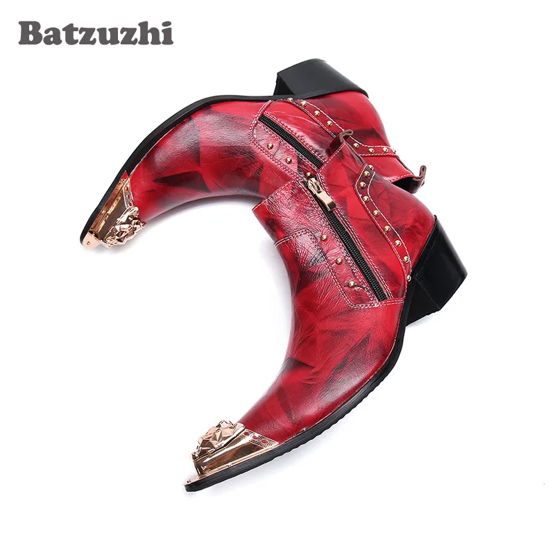 

НОВЫЕ красные вечерние и свадебные ботинки с острым металлическим носком, мужская обувь в британском стиле в стиле ретро, мужские ботильоны из натуральной кожи, US6-12