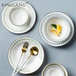 KINGLANG New Leaf Rim Golden Ceramic Dinner Plate Wholesale Porcelain Rice Salad Bowl Dessert Cake Dish