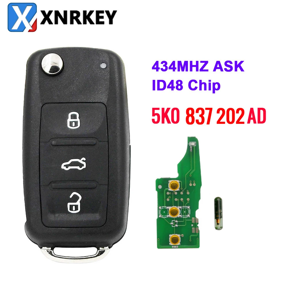 

XNRKEY 3 Button Flip Remote Car Key ID48 Chip 433Mhz for VW Volkswagen Golf Passat Tiguan Polo Jetta Beetle Keyless 5K0837202AD