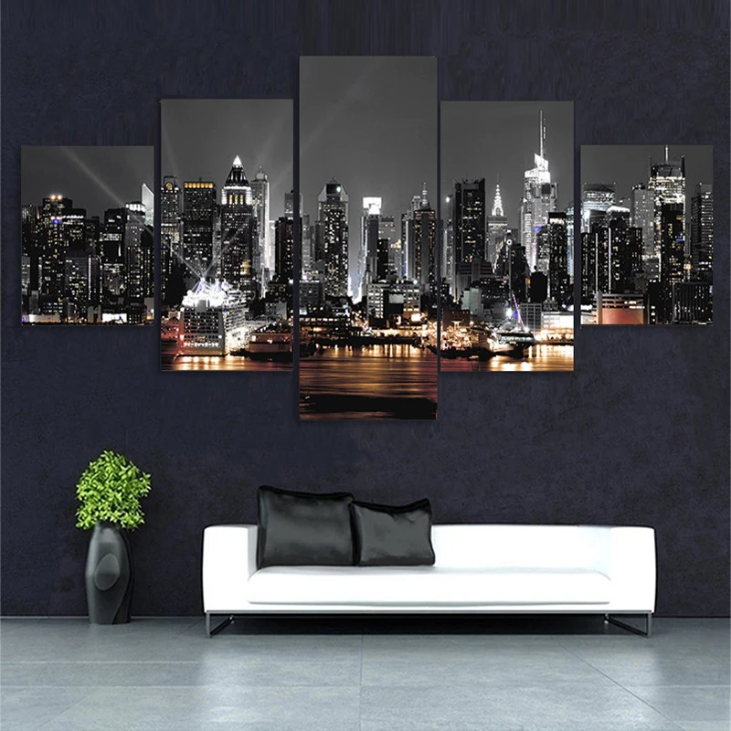 5pcs Canvas Painting Wall Art New York City Construction Scenery Pictures Prints Night View Landscape Poster Home Decor Unframed