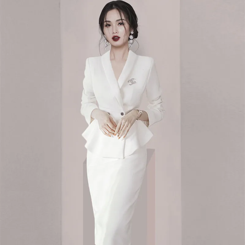 Women\'s V-Neck Long-Sleeved Suit Jacket and High Waist Pencil Skirt, Korean Fashion, Spring and Fall, New, 2-Piece Set