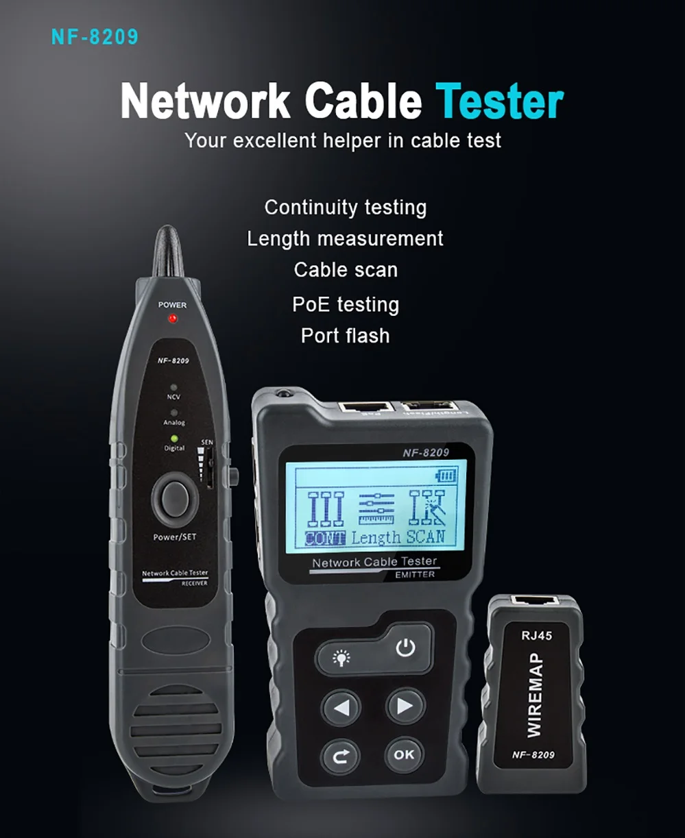 NOYAFA NF-8209 Cable Tracker Lan Display Measure Tester Network Tools LCD Display Measure Length Wiremap Tester