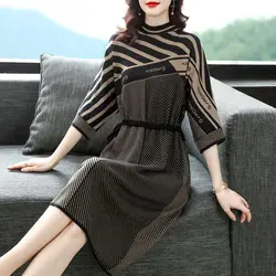 Elegant Knitting Sweater Vintage Dress For Women 2024 Autumn New Turtleneck Striped Three Quarter Knee-Length Lady Vestidos