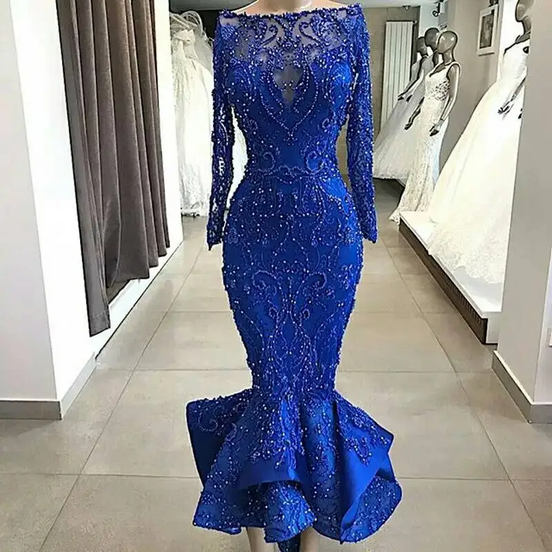 Gorgeous Evening Dresses Mermaid Evening Dress Bead vestido de festa longo Pleats Formal Evening Gown Royal Blue robe de soiree