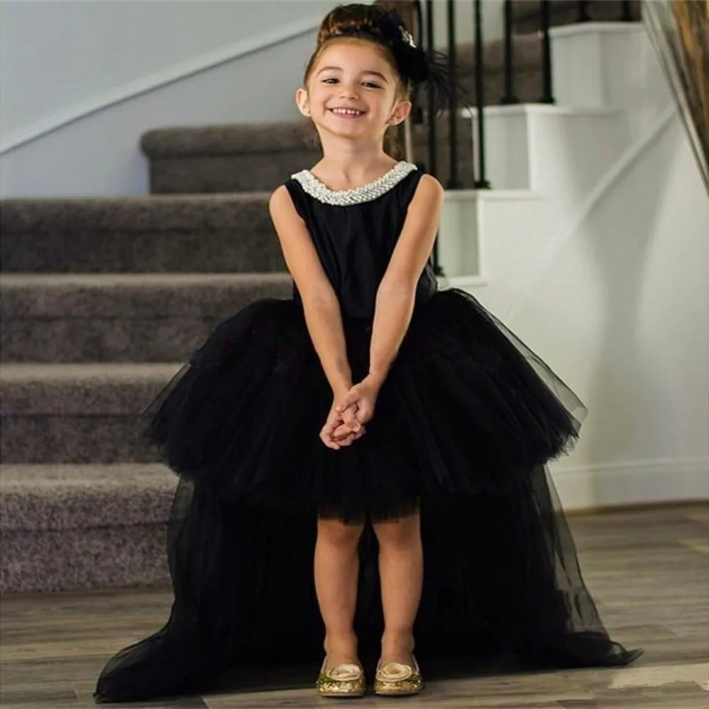 

Customized Black High Low Girls Pageant Dresses Jewel Backless Beads Bow Puffy Flower Girl Dress Child Birthday Party Gowns Kids