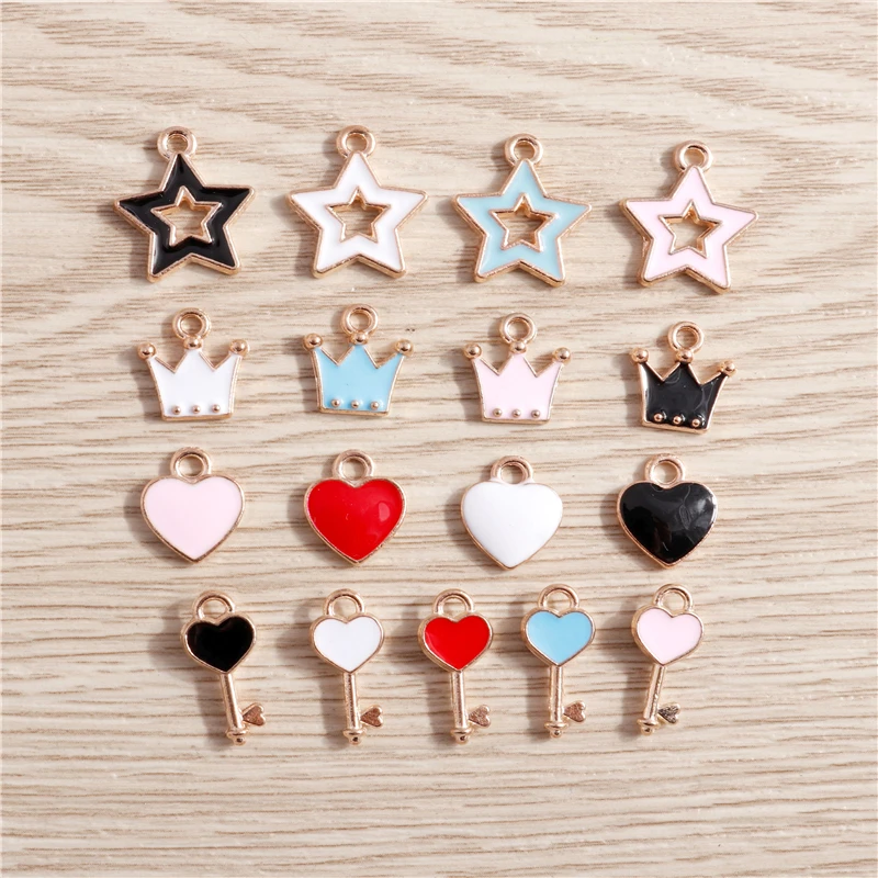 10 stücke 4 Styles Mix Emaille Liebe Herz Crown Schlüssel Star Charms für Schmuck Machen Niedlichen Tropfen Ohrringe Anhänger Halsketten zubehör – Detail 1