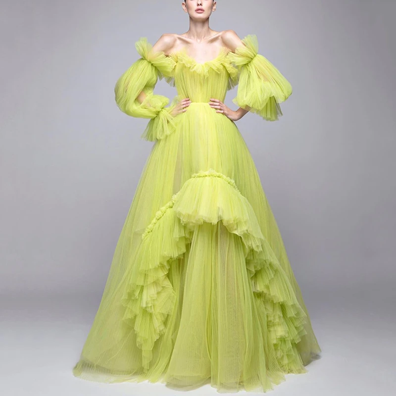 High Fashion Light Green A-line Tulle Party Dresses Off The Shoulder Puff Full Sleeves Long Prom Gowns Birthday Wedding