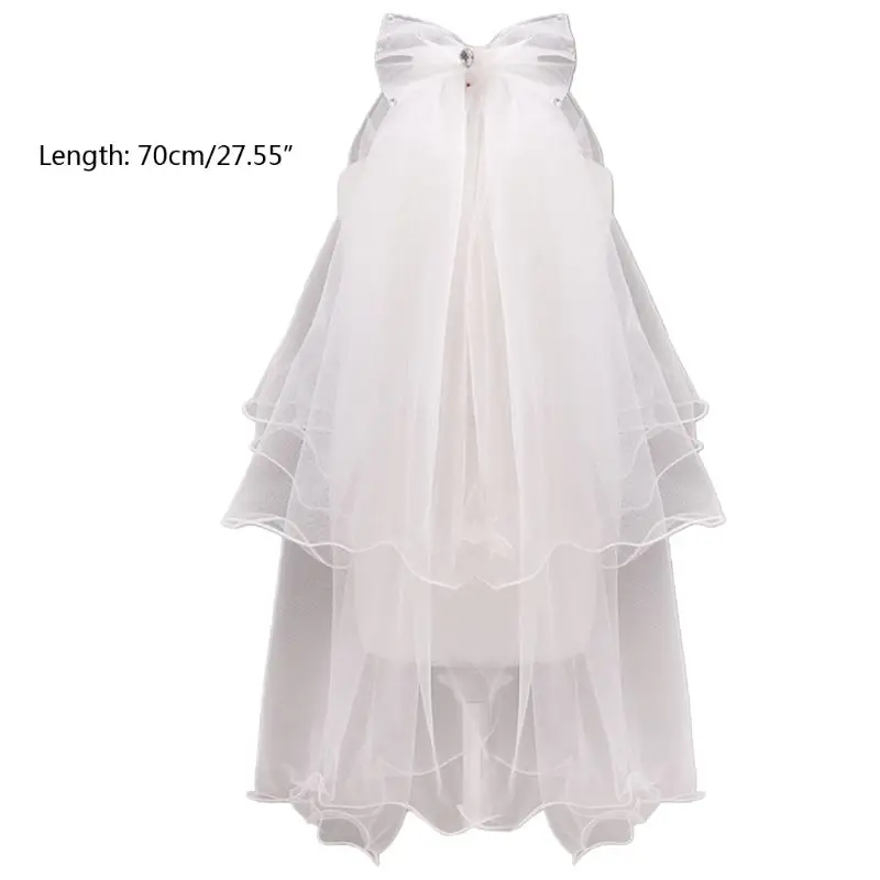 Handmade Double Layer Flower Girls Wedding Veils Bowknot Costume