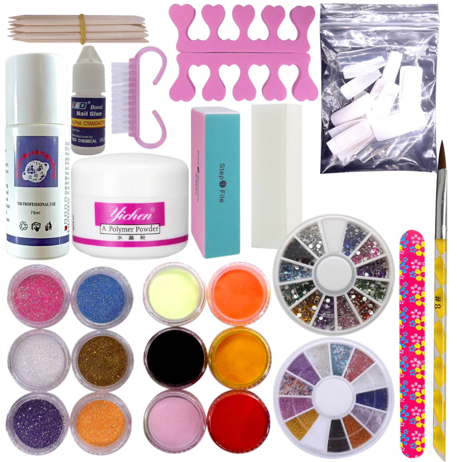 Warm Girl Pro Acrylic Powder Liquid Glitter Brush Glue Nail Art Tips Tool Kit Set