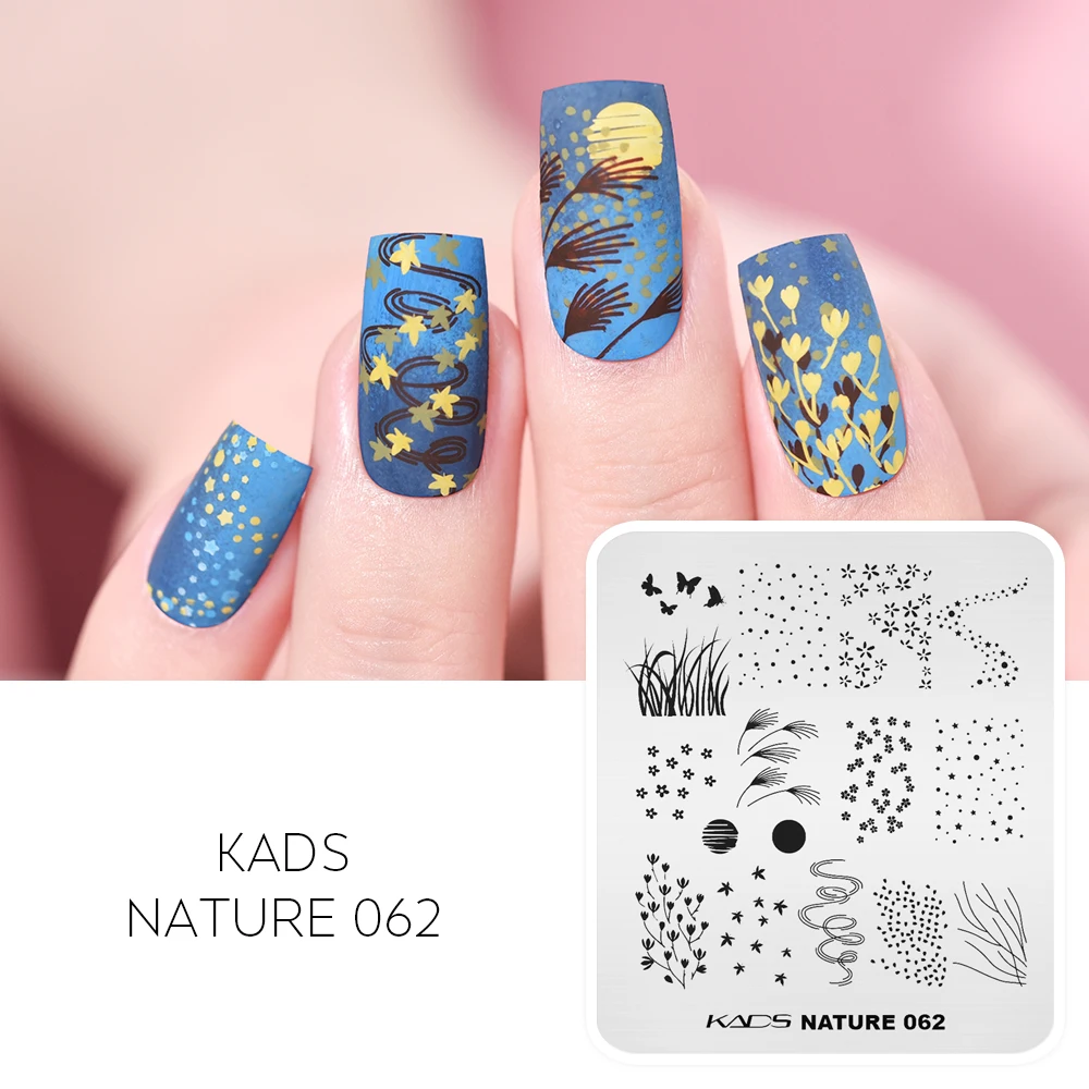 KADS Nail Art Stamp Plate Nature 062 Moonlight Flower Nail Stamping Plate Template Image Plate Stars Dots Grass Butterfly Leaves