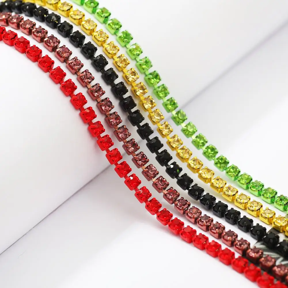 1yard/bag 2/2.4/2.8mm Sew On Colorful Chain Crystal Rhinestone Chain Dense Claw Glass Rhinestone Trim DIY Jewelry Making