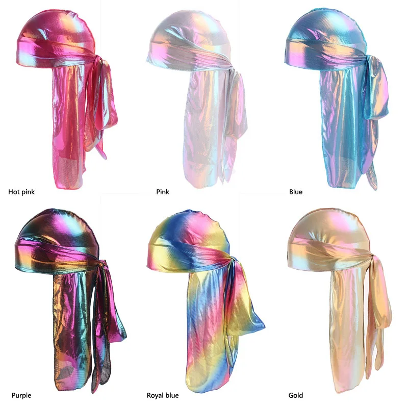 Men's Silky Laser Wigs Doo Durag Breathable Bandanas Turban hat Biker Headwrap Hair Accessories Pirate Extra Long Tail Du-Rag