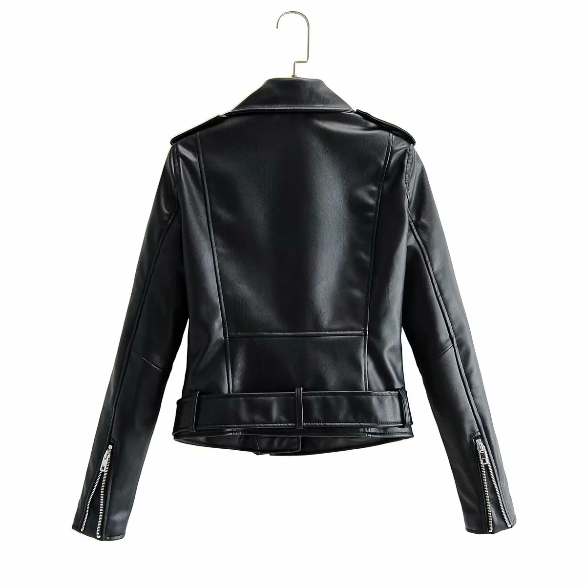 Chaqueta de cuero sintético para mujer, chaqueta holgada con fajas, prendas de vestir informales, estilo BF, color negro