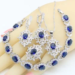 Silver 925 Bridal Jewelry Sets for Women Blue Crystal Bracelet Earrings Necklace Pendant Ring Wedding Gift Box