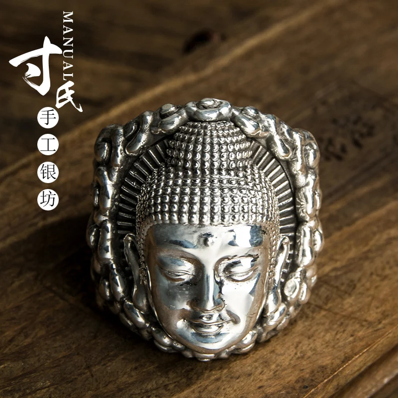 Cunshi original foot silver 999 sterling silver Amitabha ring retro Buddha Buddha Buddha head ring