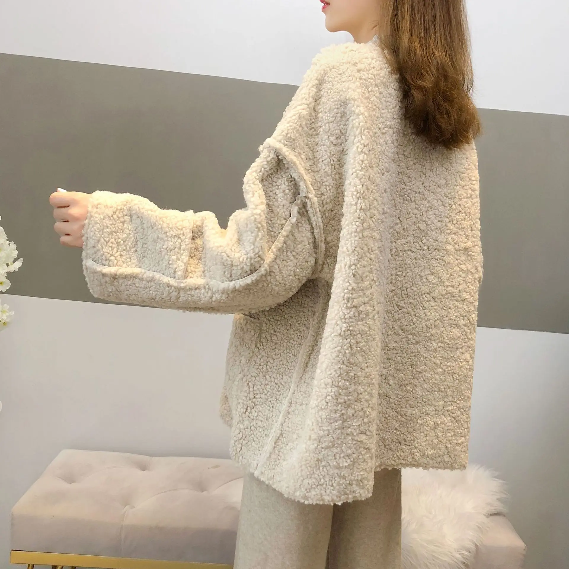 Elegant Faux Fur Woolen Coat Women Fashion Autumn Winter Warm Soft  Fur Jacket Female Plush Overcoat Pocket Casual Teddy Outwear