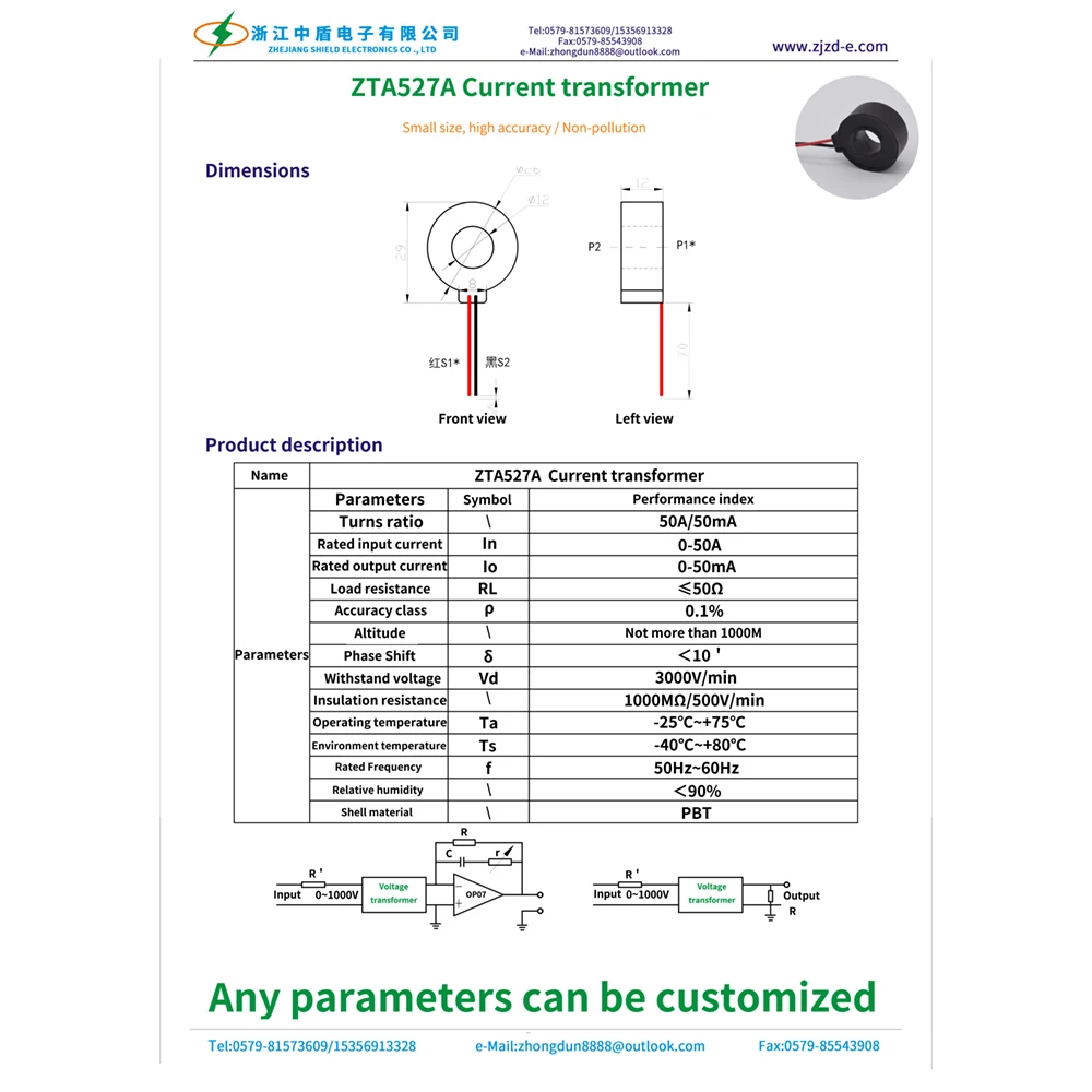 Zhongdun ZTA527A 1000/1 50a Ac  Micro Coils Precision Lead Wire Mini Ct Current Transformer