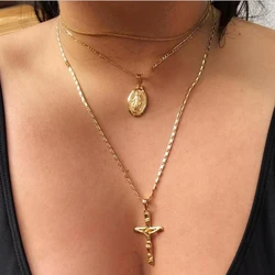 Three layer Necklace Oval-shaped Virgin Mary Madonna Pendant Jesus Cross metal plated Chain Women Gift