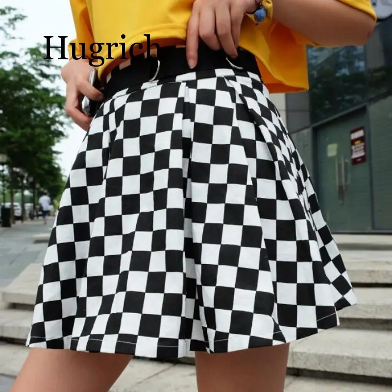 Pleated Checkerboard Womens High Waisted 2020 Spring Black White Plaid Printed European and American Slim Skirt