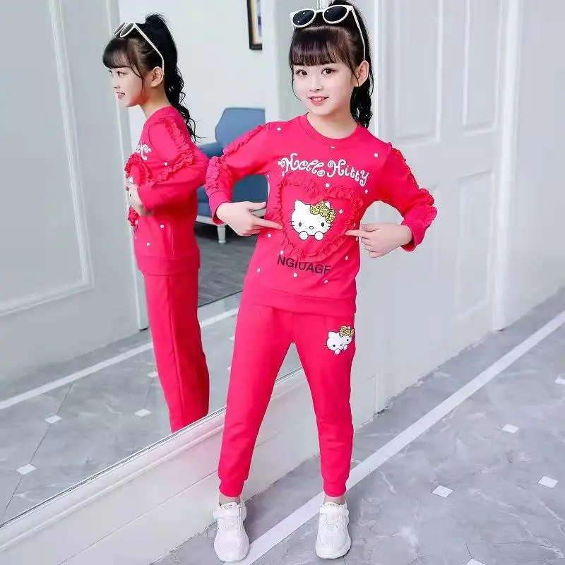 Hello Kitty Girls Spring And Autumn Pure Cotton Long-sleeved Long Suit Large Children\'s Leisure Fashion Sports Two-piece Suit