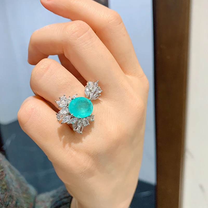 FFGems Vintage Silver create Paraiba Tourmaline Gemstone Wedding Diamonds big oval Rings for women Gift Fine Jewelry Wholesale