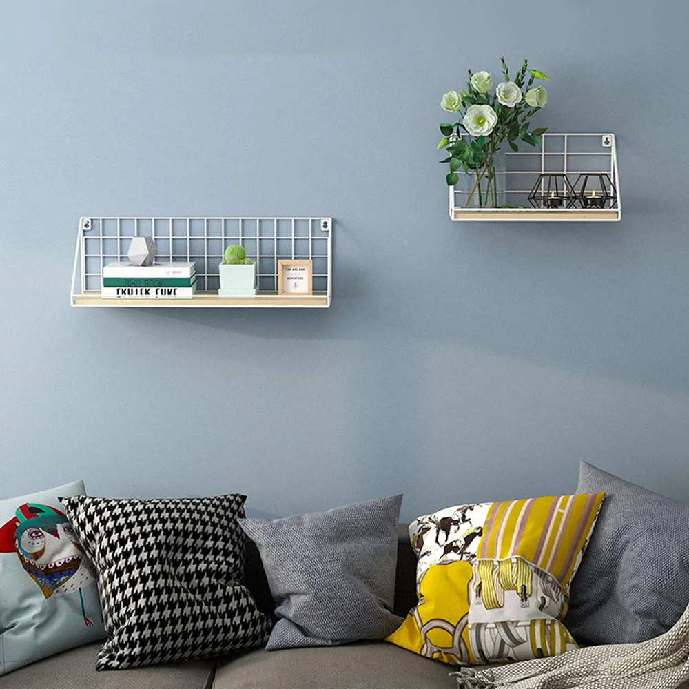 S M L -- Floating Wall Mounted Storage Rack Metal + Wood Shelf Bathroom Kitchen Racks Organizers Shelves Holder Home Decor Decal
