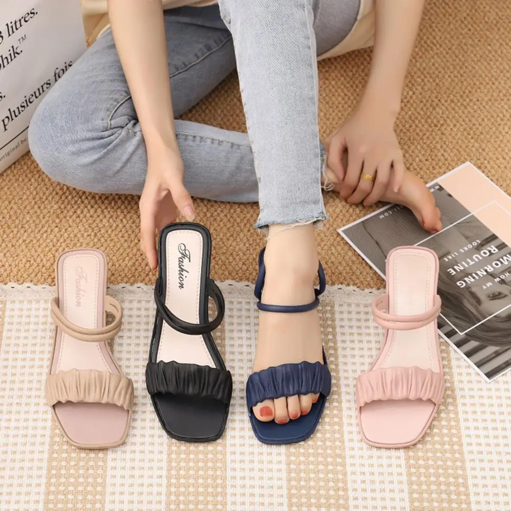 70% Dropshipping!!Women Sandals thick heel candy color summer pleated upper square toe shoes