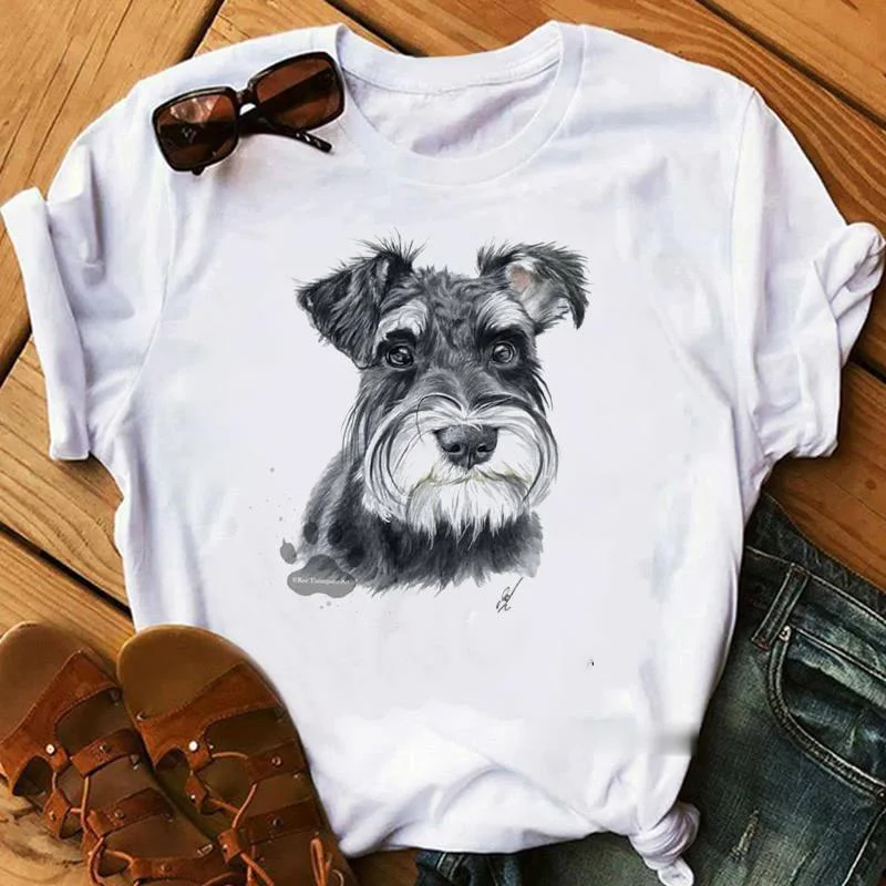 Schnauzer/seymour/yorkshire terrier/chihuahuas/retriever/pomeranian/papillon cão vintage retrato impressão mulher verão t camisa