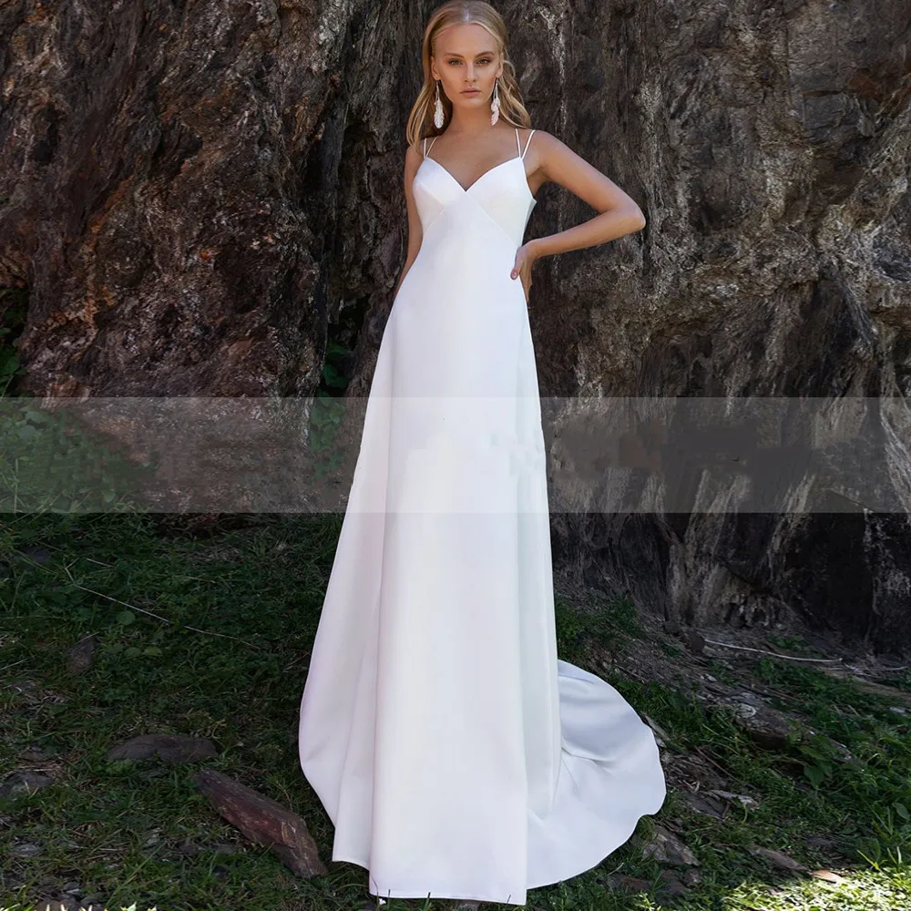 Simple Satin Wedding Dress Vintage V-Neck Spaghetti Straps A-Line Lace Up Backless Bridal Gown 2022 Custom Made Vestido De Novia