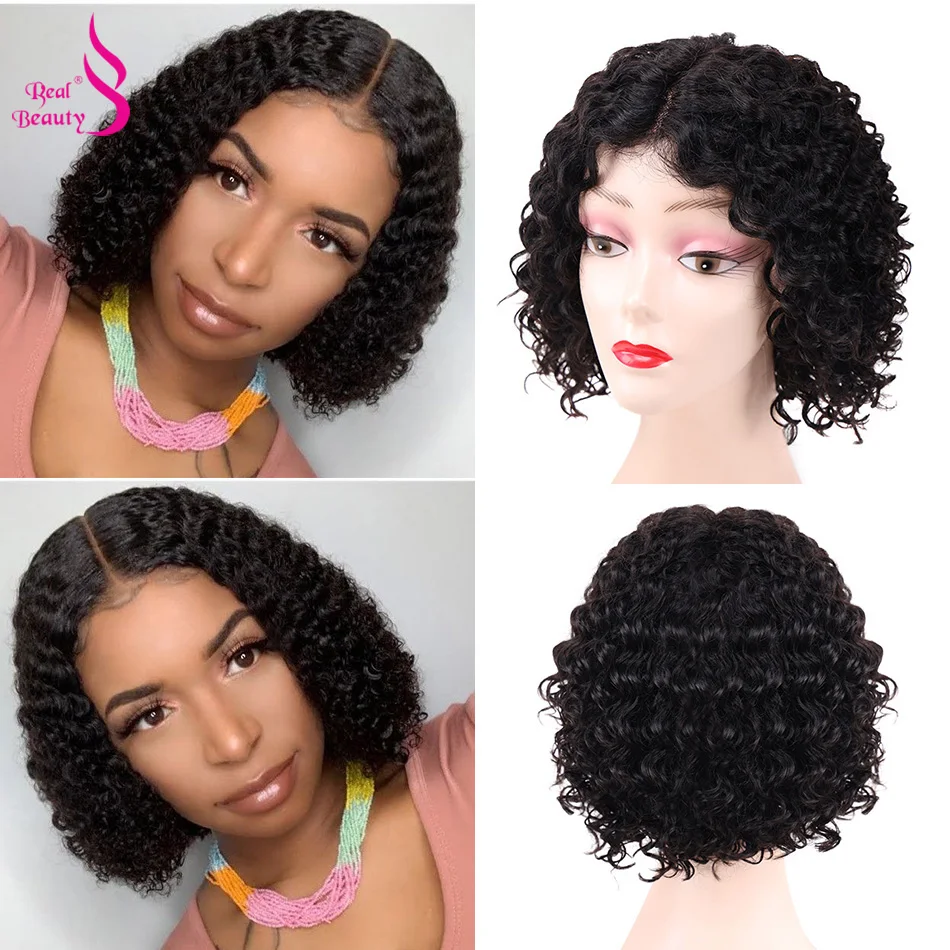 

Brazilian Deep Wave Short Bob Wigs 26cm Human Hair Wigs Machine Made Black Color For Women Real Beauty T Part Bob Wig