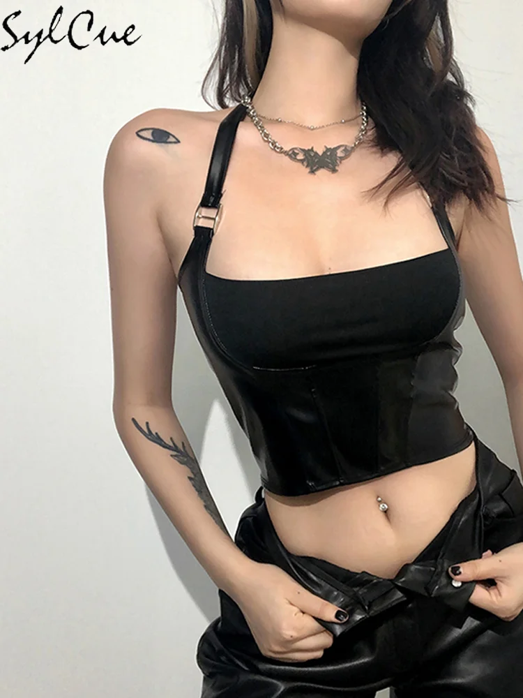 Nibber Hanging Neck Sexy Simple Black Nightclub Matte Charm Hot High Street Shrink Gather Women\'s Navel Short Top Vest