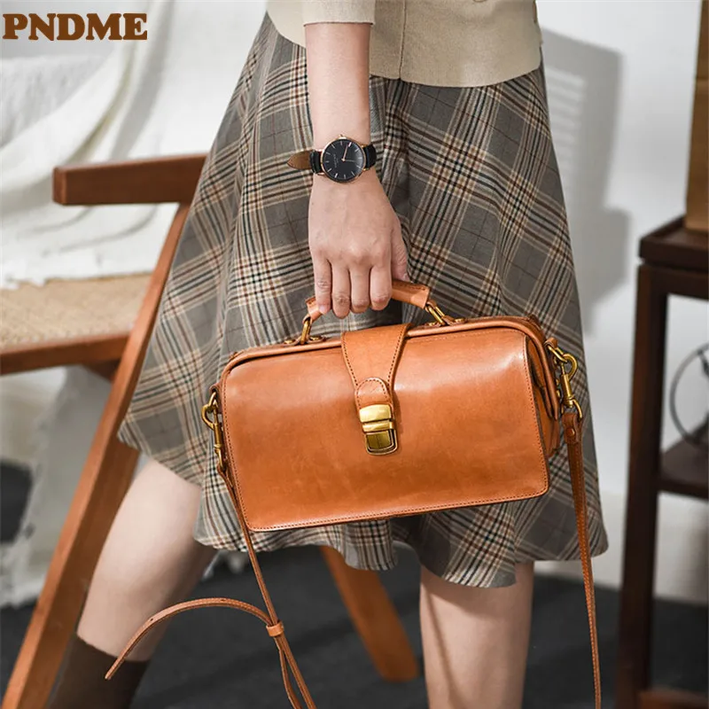 PNDME luxury natural genuine leather women\'s small lock handbag fashion shoulder messenger bag designer party cowhide doctor bag