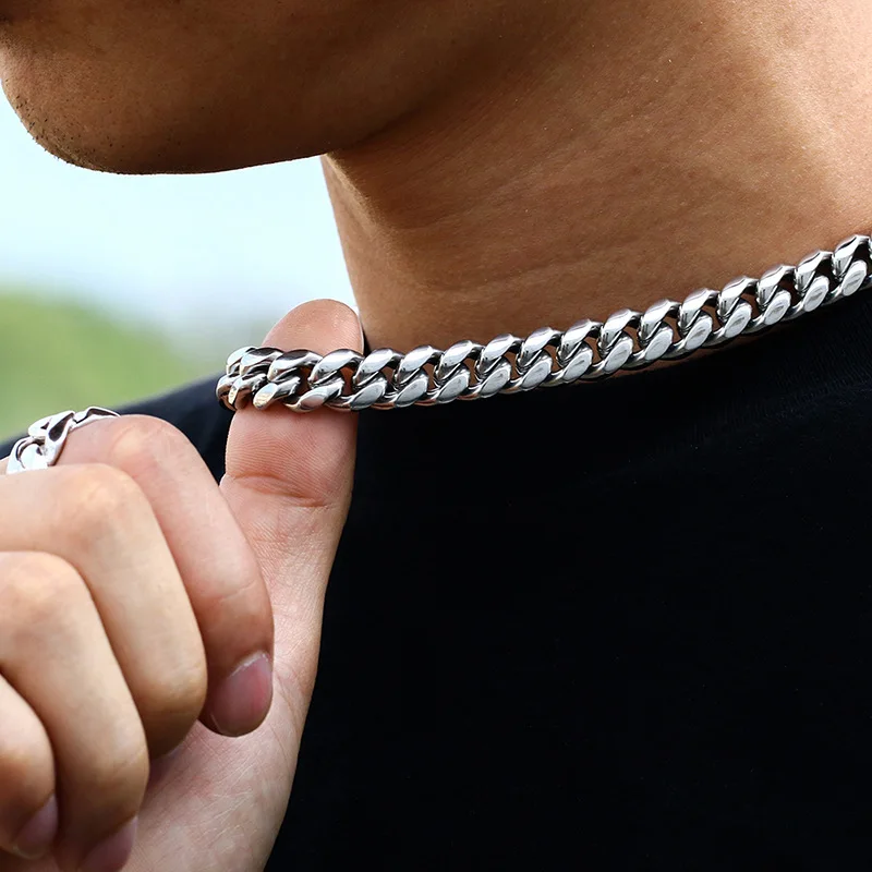 HNSP 8MM-14MM Stainless Steel Cuban Chain Necklace For Men Jewelry Male Neck Punk Accessory