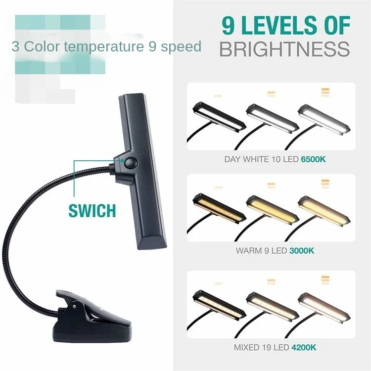 حامل النوتة الموسيقية مشبك مصباح 9LED الموسيقى مصباح مشبك كتب مصباح طاولة قابلة للضبط مصباح 3 درجة حرارة اللون 9 والعتاد 19LED حماية العين مصباح