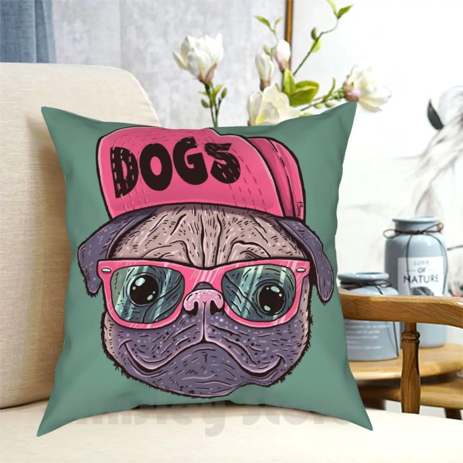 Dogs Pillow Case Printed Home Soft DIY Pillow cover Mops Dog Animal Animals Dogs Pug Pugs Stars Swag 13Mu Cap Glasses