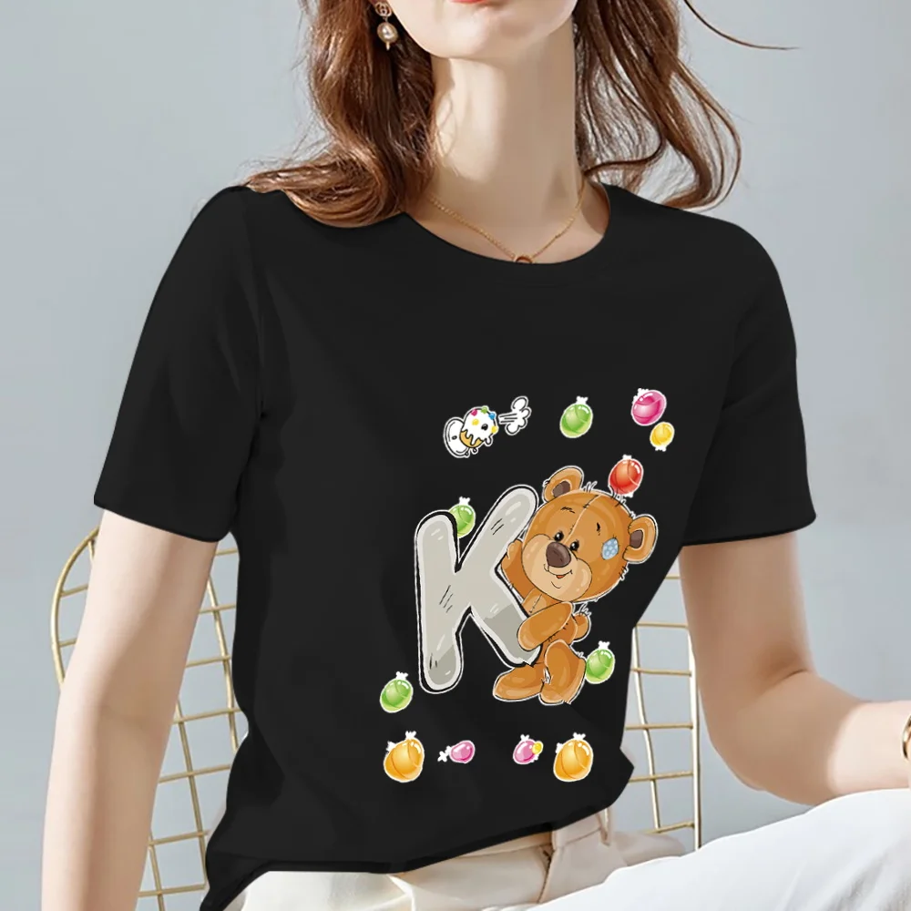 

Fashion Sweet T-shirt Women Commuter Clothing Casual Jacket Bear Letter K Initial Name Printing O-neck Black Slim Short Sleeves