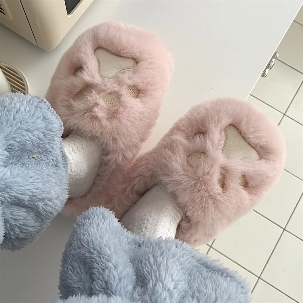 Zapatillas de casa de algodón con garra de gato para mujer, pantuflas cálidas y antideslizantes de felpa para interiores, invierno, 2021