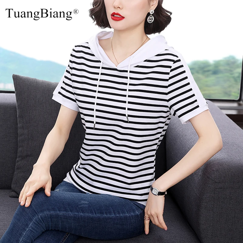 Woman Hooded Cotton Fashion 2023 New Summer T Shirts Female Black White Striped Short Sleeve Tee Shirt Feminine Loose M-4XL Tops