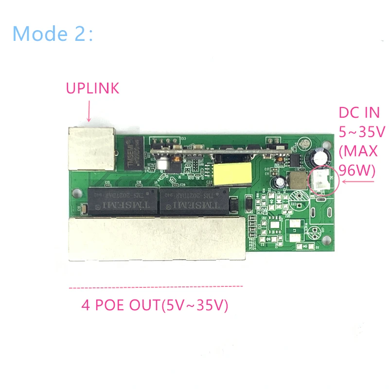 Interruptor de alimentación inversa POE, conmutador Buck, POE IN/OUT5V/12V/24V, 90W/5 = 315W, 100mbps, 802.3AT, 45 + 78- DC5V ~ 35V, series de larga distancia Force POE