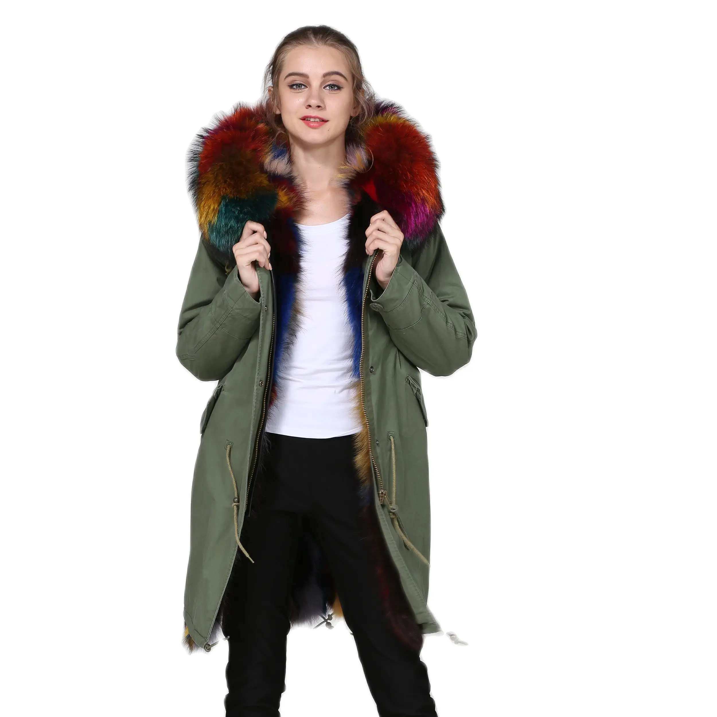 Stylish Colorful Lined Parka Long Green Overcoat For Women Nice Fox Fur Greatcoat For Winter Thick Warm Coat With Fur Collar