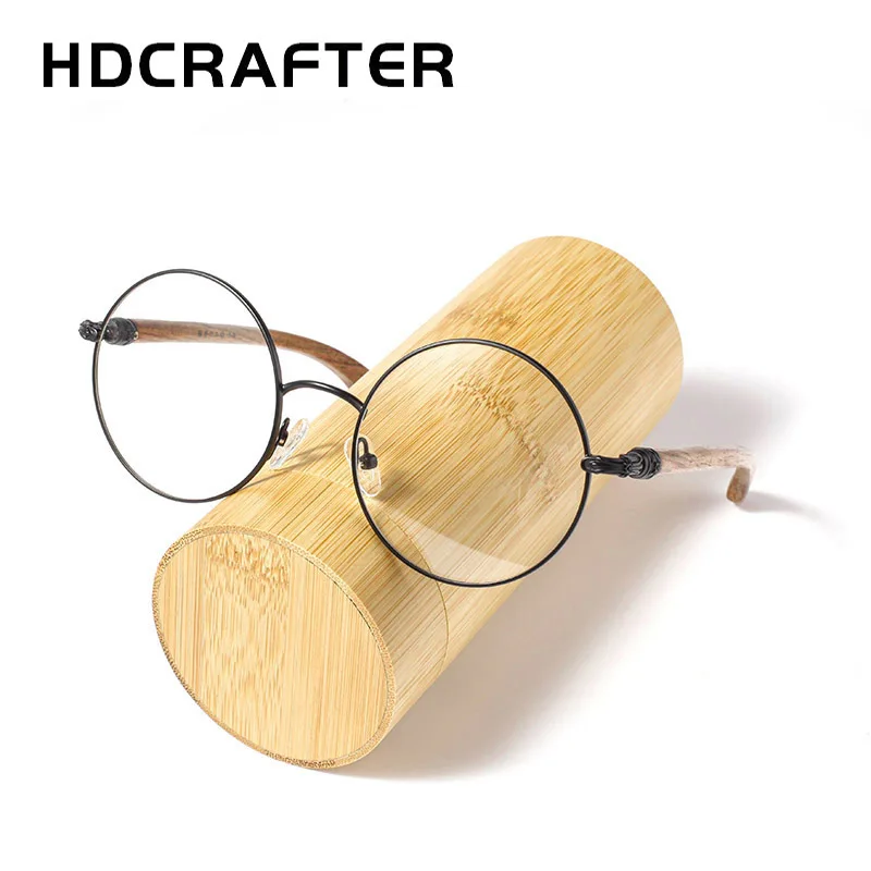 HDCRAFTER Real Wood Alloy Glasses Frame Men Women Vintage Round Myopia Optical Frames Prescription Eyeglasses Screwless Eyewear