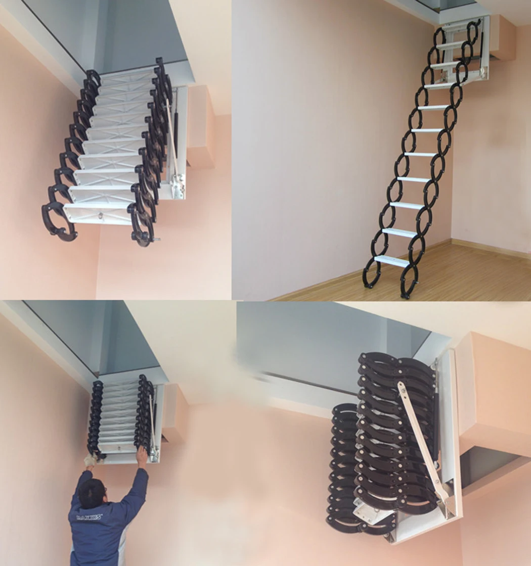 Aluminum Telescopic Attic Ladder Home Folding Stairs  Loft Pull Down Ladder Hinge with Handrails