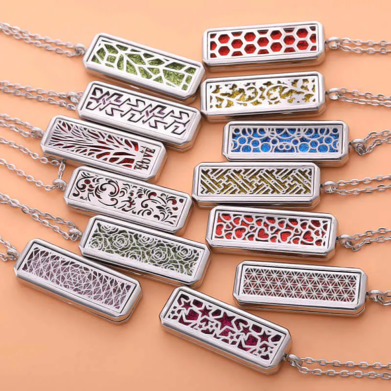 2019 New Glamour Aromatherapy Pendant Square Stainless Steel Necklace Essential oil Perfume Diffuser Locket Romantic Accessories