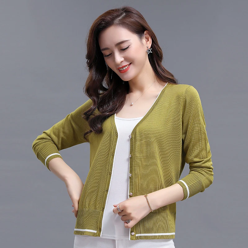 

New Spring Lady Thin Knitwear Solid Color Female V-Neck Knit Coat Women Knit Outwear