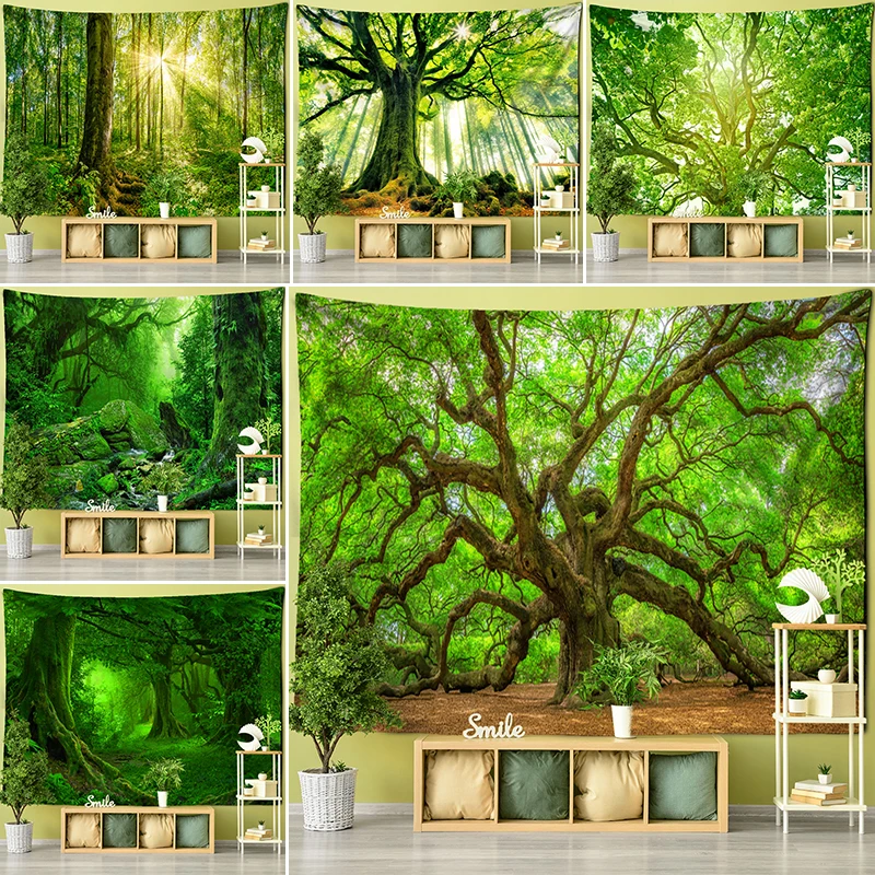 Towering Tree Forest Tapestry Wall Hanging Natural Scenery Psychedelic Witchcraft Bohemian Style Background Cloth Home Decor