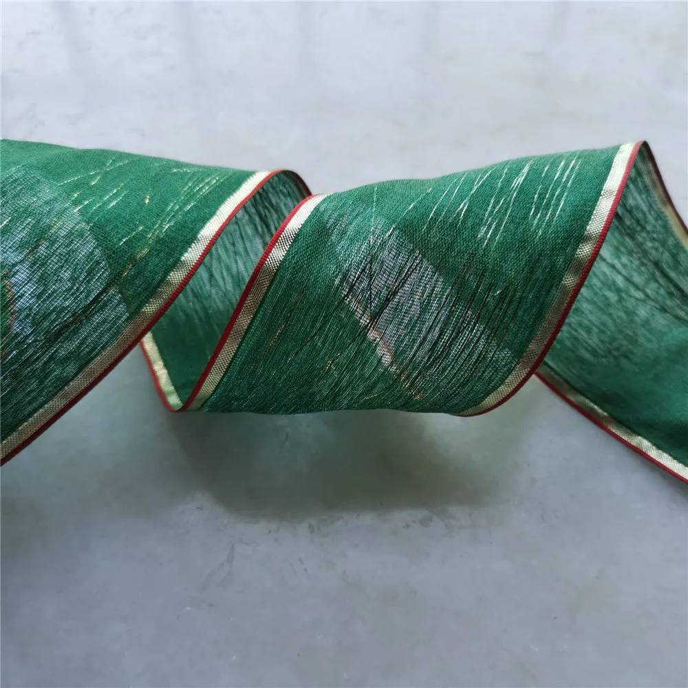 63mm Decorative Green Sheer Wired Ribbon with Golden Edges for Craft, DIY, Crafting, Wreath Making, Bows N1221