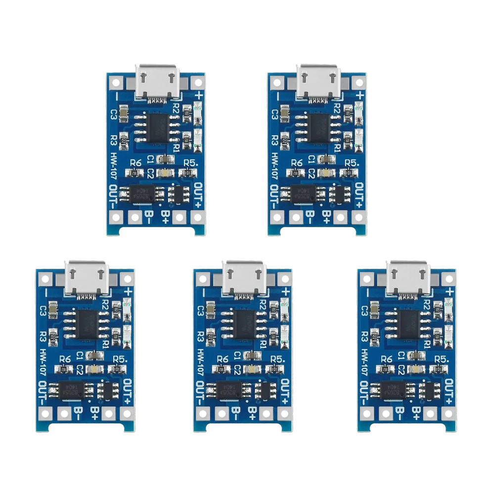 5 unidades de 5V 1A Micro USB 18650, módulo de carga de batería de litio + protección de funciones duales, TP4056