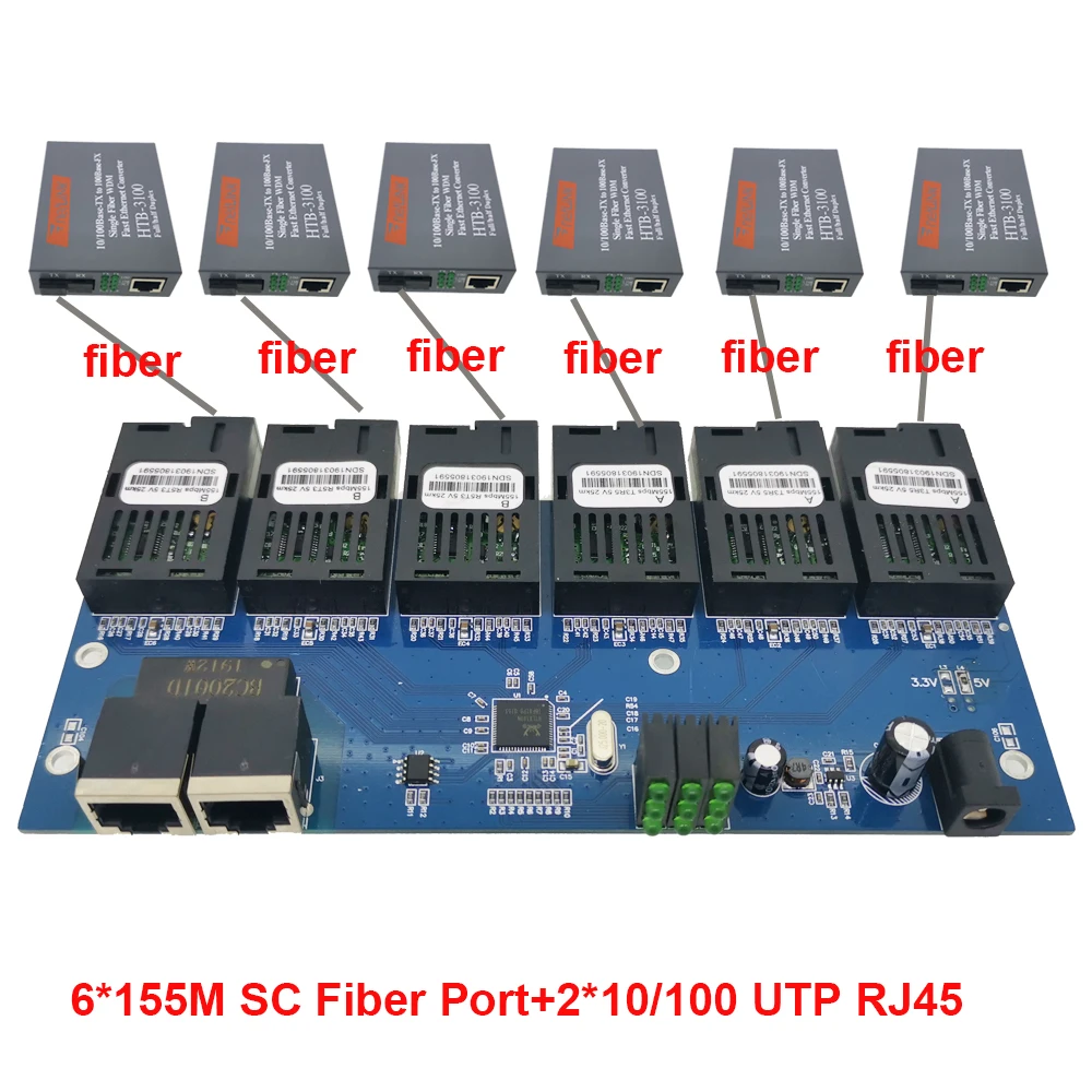 Wanglink-6F2E พอร์ตไฟเบอร์10/100M 2 RJ45 6 155M SC, ตัวแปลงสวิตช์อีเทอร์เน็ตอย่างรวดเร็ว, 20กม., PCBA