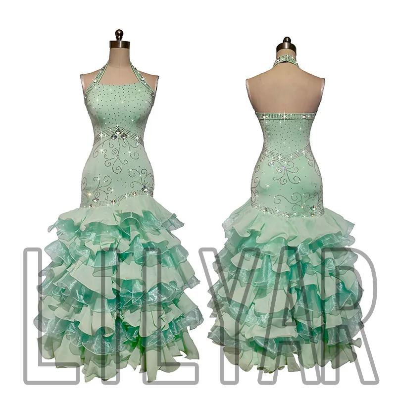 Ballroom Dance Standard Competition Costume Performance Custom Adult Mint Green Slim Dance Dress