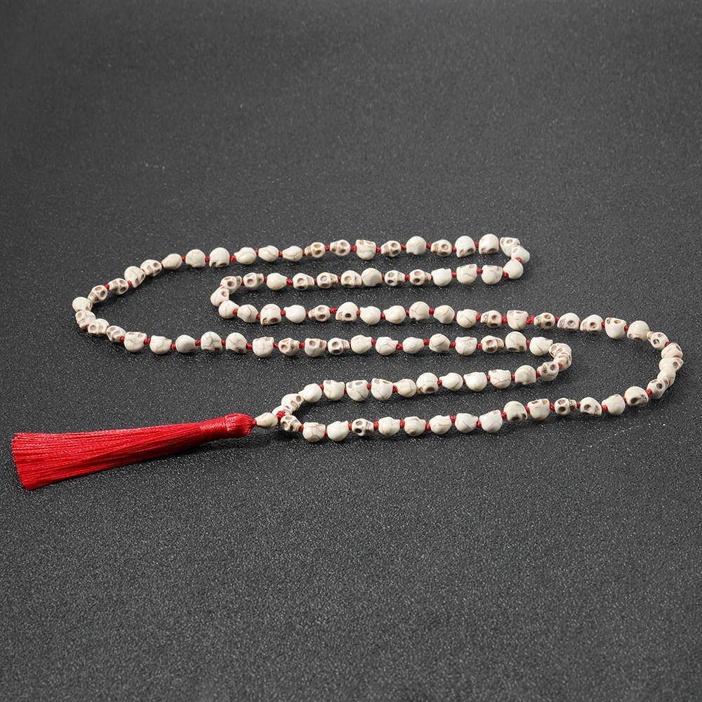 Non-Mainstream Men Sautoir Hot Lmitation Bone Skull Beaded Handmade Knot 108Mala Necklace Hip Hop Tassel Pendant Jewelry